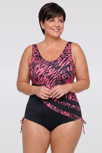 costum de baie de baie bleumarin cu modele tropicale portocalii