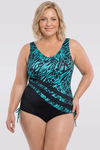 copie a costum de baie de baie bleumarin cu modele tropicale portocalii