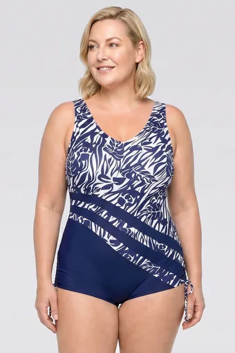 copie a copie a costum de baie de baie bleumarin cu modele tropicale portocalii