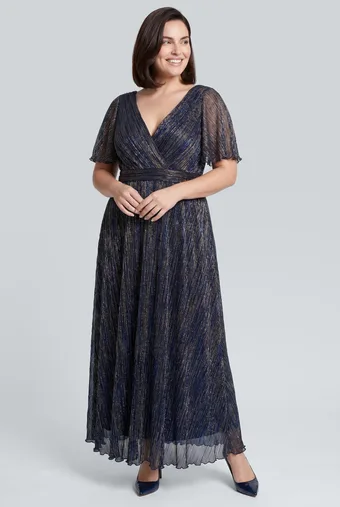 rochie lungă bleumarin și auriu