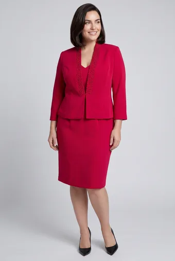 Costum fuchsia cu decolteu din perle