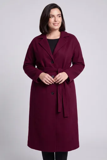palton lung lung violet închis cu curea
