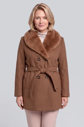 palton scurt camel cu blană